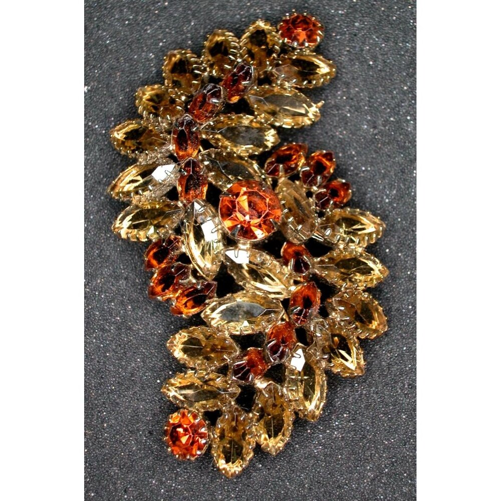 Vintage Amber & Golden Rhinestone Leaf Design Brooch Pin 3.5"x2"